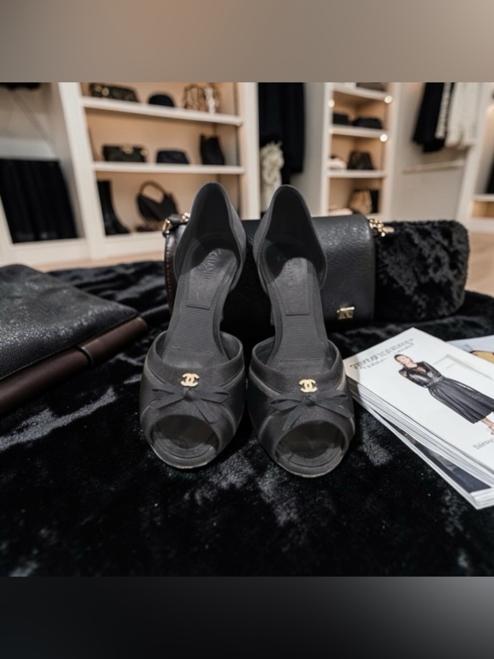 Chanel Authentic LUXURY CLASSIC RARE Black Satin Pumps/Shoes w/Original Box